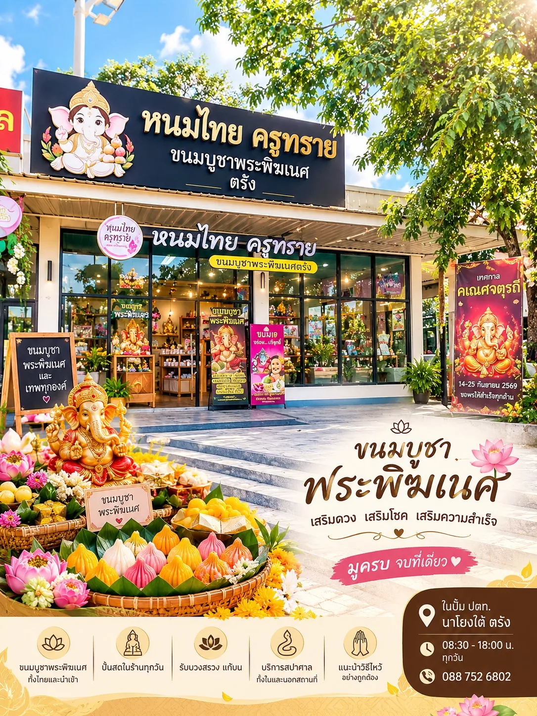 โปสเตอร์ร้านหนมไทยครูทราย ขนมบูชาพระพิฆเนศ เสริมดวง เสริมโชค เสริมความสำเร็จ มูครบจบที่เดียว เปิด 08.30-18.00 น.